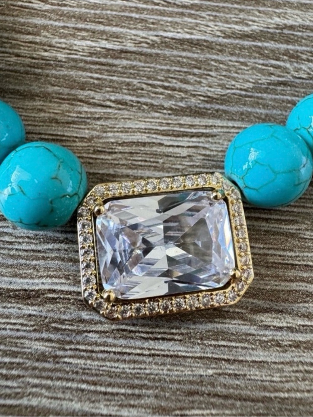 Turquoise Beaded Necklace with Center Crystal Pendant - Picture 5 of 6